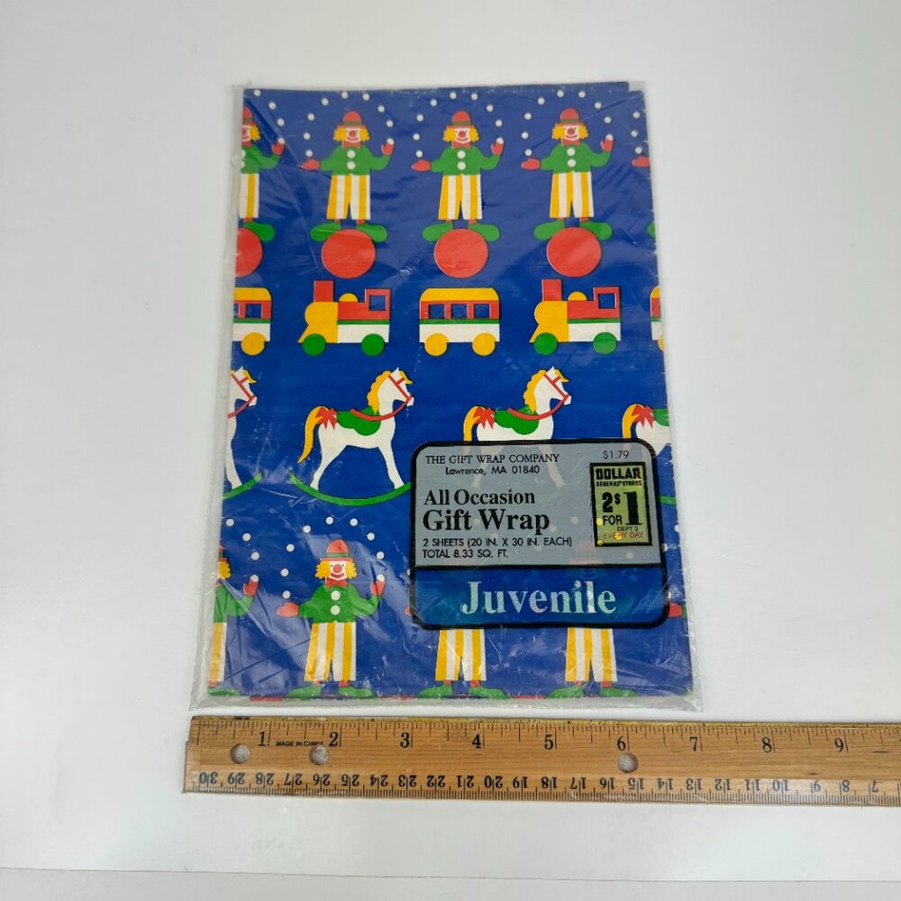 Vtg Child Gift Wrap Company Paper Blue Clowns Trains Horses 2 Sheets in Pack